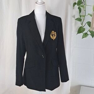 Boston Proper Andrea Behar Single Breasted Long Black Blazer Beaded Crest Sz6